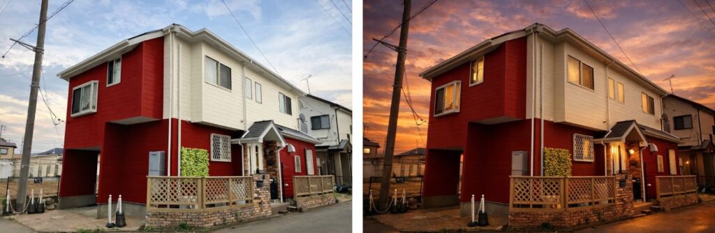 外壁塗装AIカラーシミュレーションで夕方の見え方も作成可能